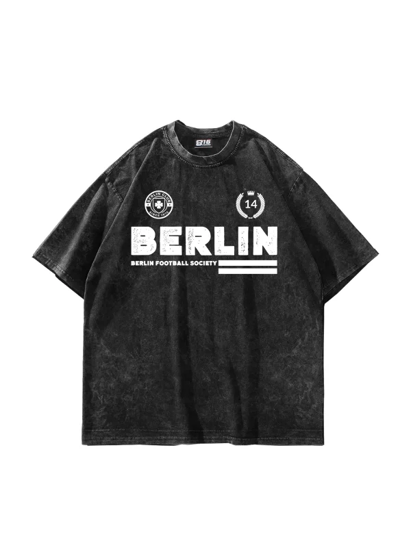 Berlin Baskılı Yıkamalı Siyah Oversize Unisex Tshirt