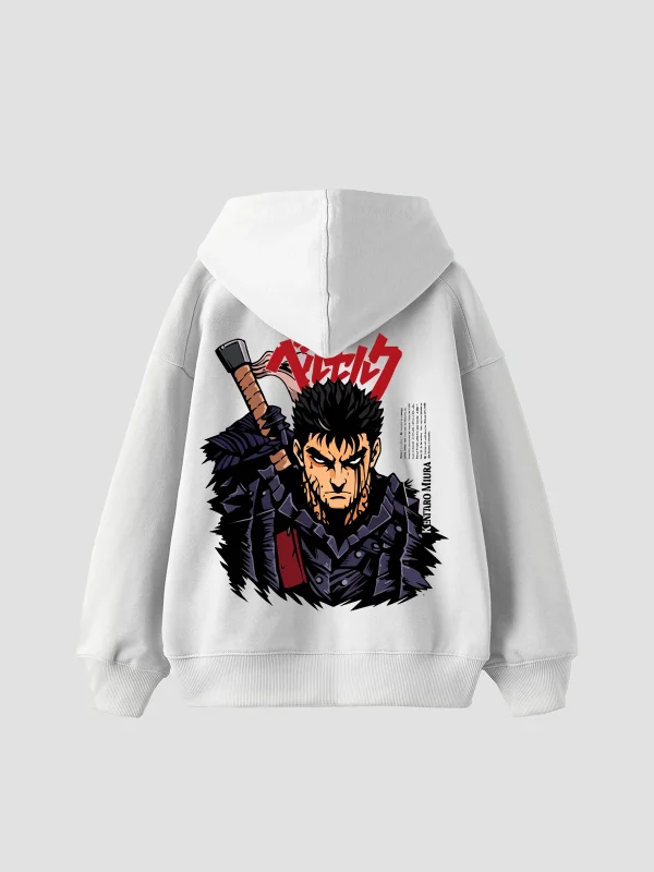 Berserk Guts Baskılı Oversize Unisex Beyaz Hoodie