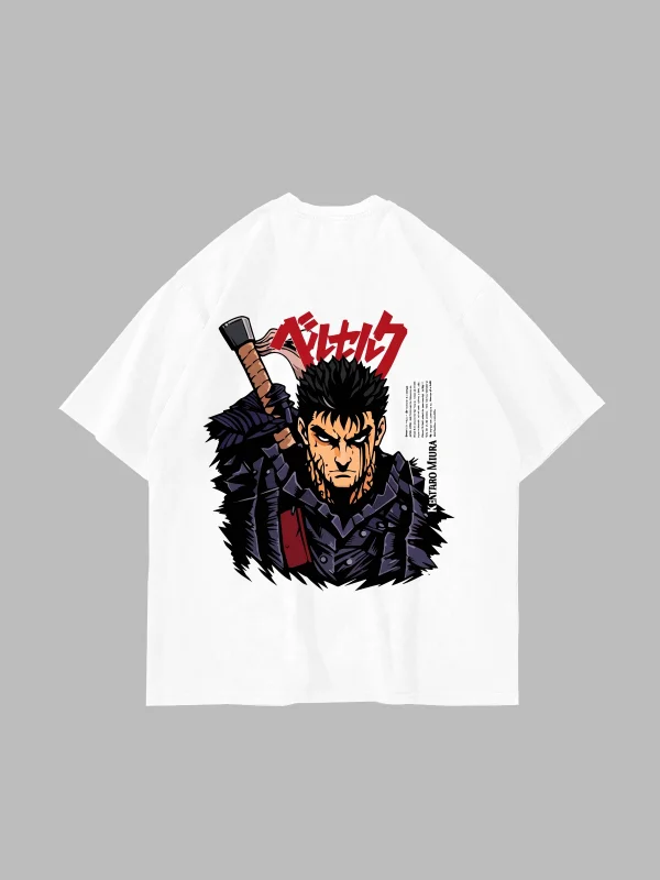 Berserk Guts Baskılı Oversize Unisex Beyaz Tshirt