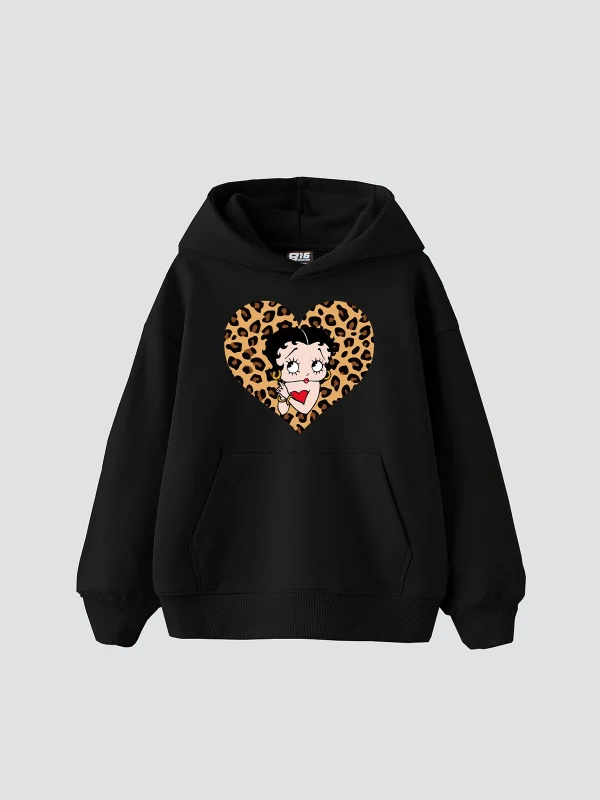 Betty Boops Baskılı Oversize Unisex Premium Siyah Hoodie