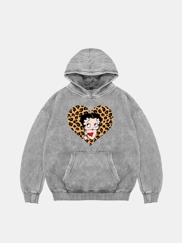 Betty Boops Baskılı Oversize Unisex Premium Yıkamalı Beyaz Hoodie