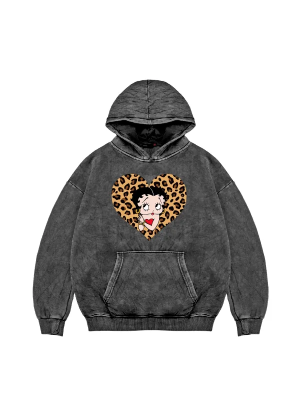 Betty Boops Baskılı Oversize Unisex Premium Yıkamalı Siyah Hoodie