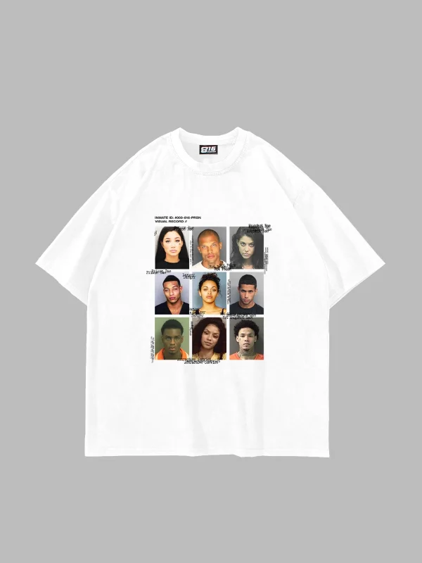 Beyaz Mugshot Baskılı Oversize Unisex Tişört