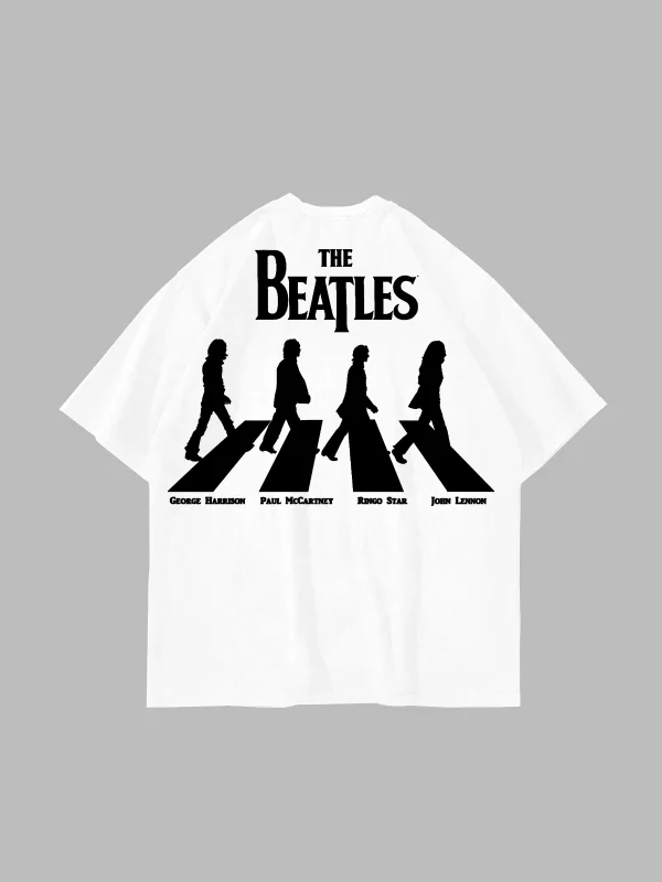 Beyaz The Beatles Baskılı Oversize Unisex Pamuk Tişört