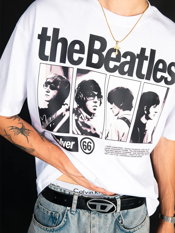 Beyaz The Beatles Baskılı Oversize Unisex Pamuk Tişört