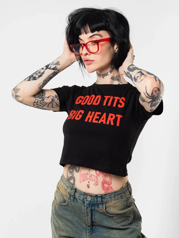 Big Heart Baskılı Siyah Crop Top