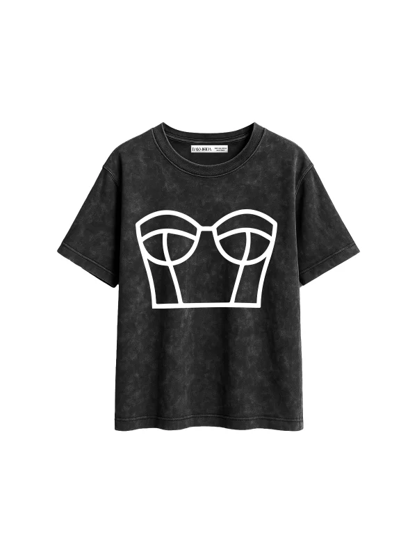 Bikini Lines Baskılı Relaxed Fit Yıkamalı Siyah Kadın Tshirt