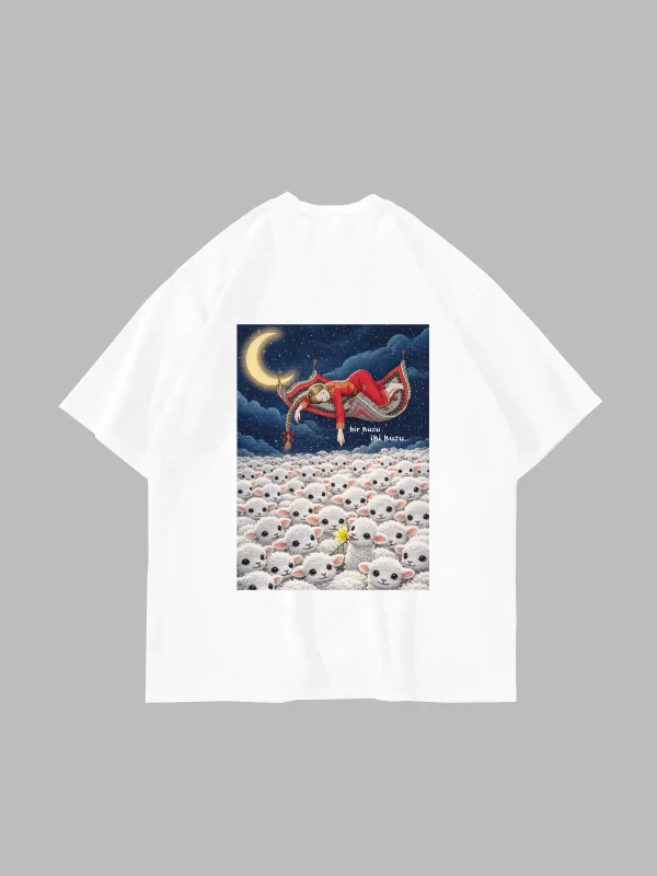 Bir Kuzu İki Kuzu Baskılı Oversize Unisex Beyaz Tshirt