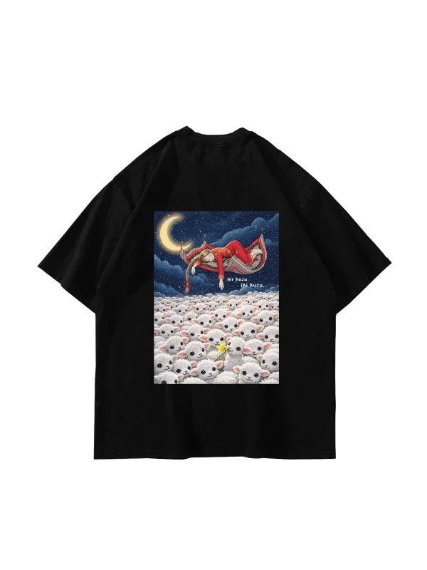 Bir Kuzu İki Kuzu Baskılı Oversize Unisex Siyah Tshirt