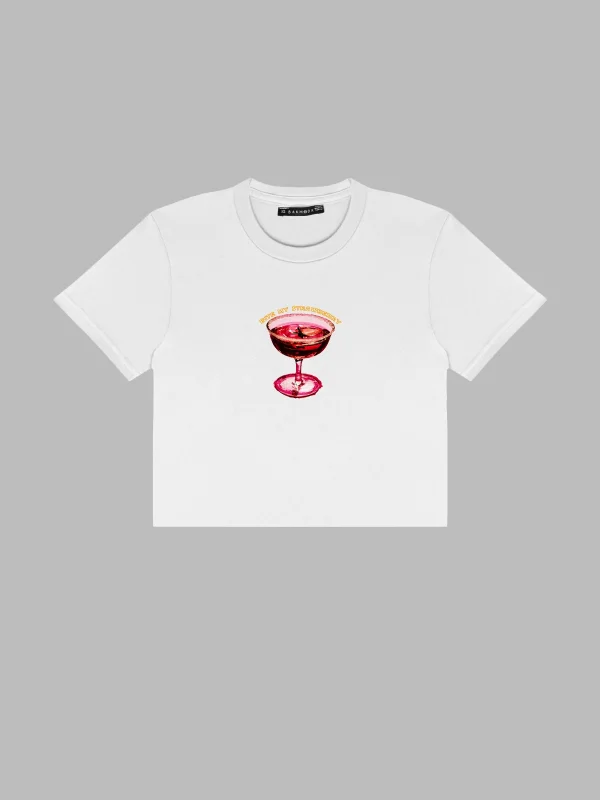 Bite My Strawberry Baskılı Beyaz Crop Top