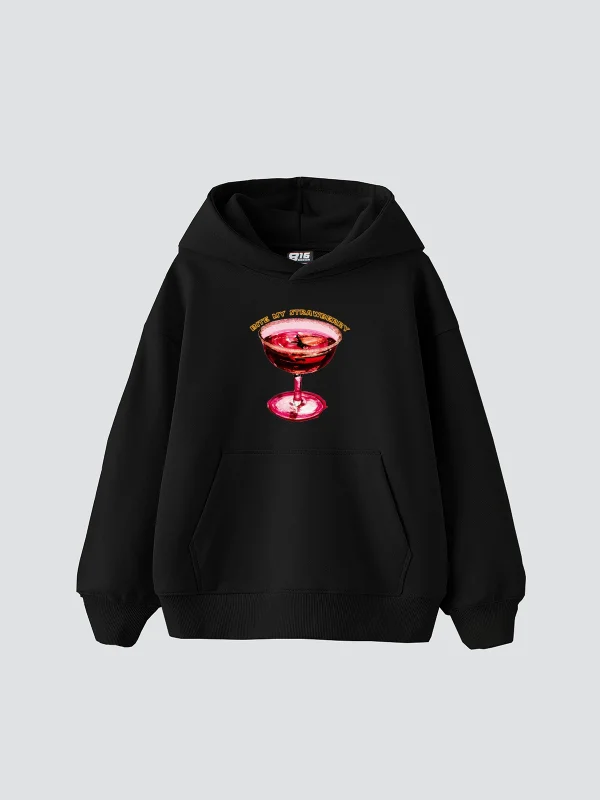 Bite My Strawberry Baskılı Oversize Unisex Premium Siyah Hoodie