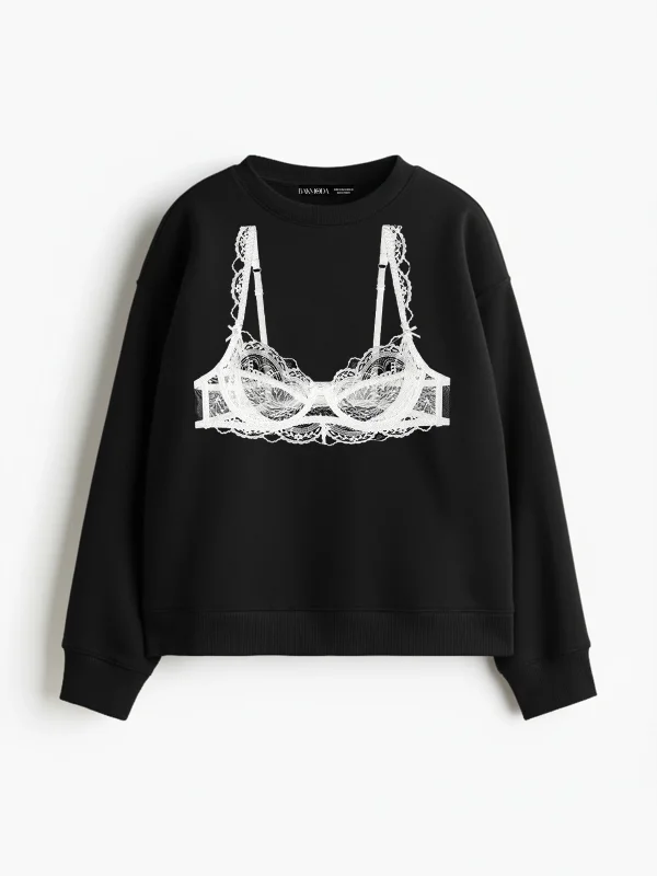 Black Bra Baskılı Kapüşonsuz Relaxed Fit Kadın Siyah Sweatshirt