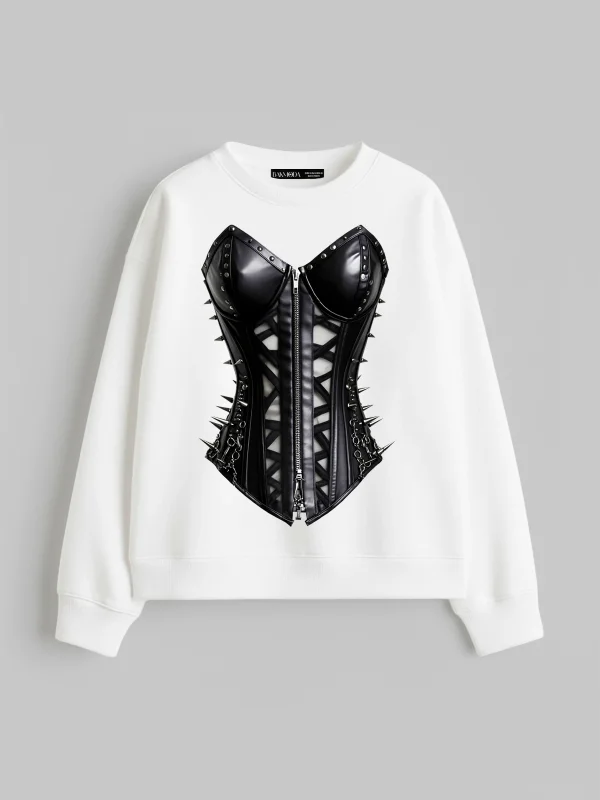 Black Cat Corset Baskılı Kapüşonsuz Relaxed Fit Kadın Beyaz Sweatshirt