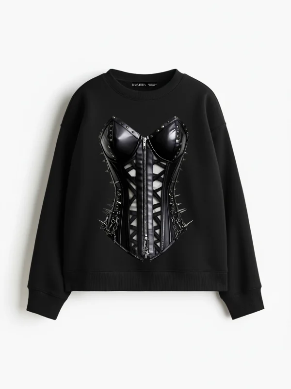 Black Cat Corset Baskılı Kapüşonsuz Relaxed Fit Kadın Siyah Sweatshirt