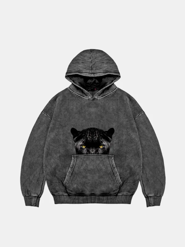 Black Panter Eyes Baskılı Oversize Unisex Premium Yıkamalı Siyah Hoodie
