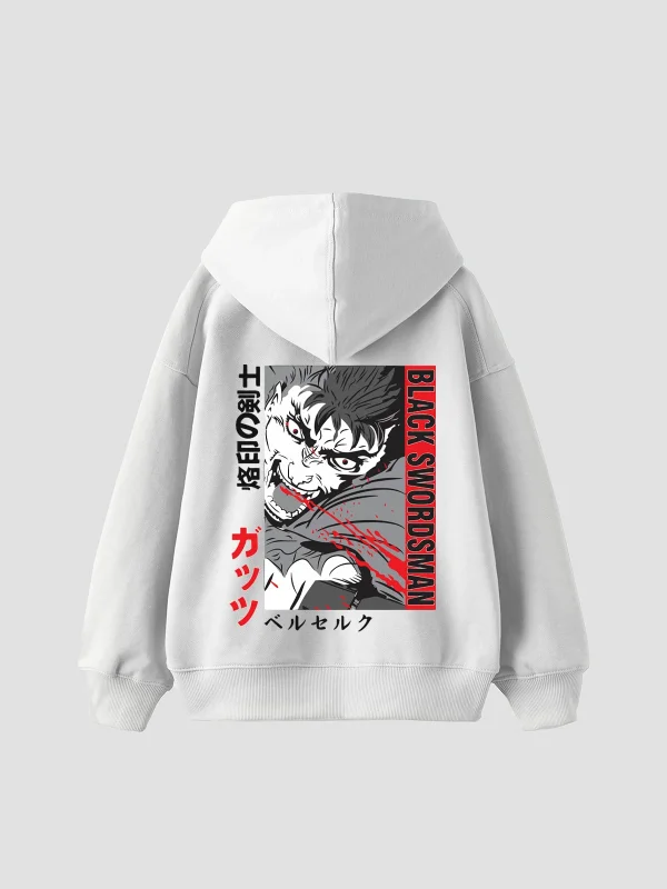 Black Swordsman Baskılı Oversize Unisex Beyaz Hoodie