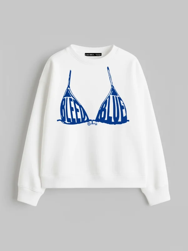 Bleed Blue Baskılı Kapüşonsuz Relaxed Fit Kadın Beyaz Sweatshirt