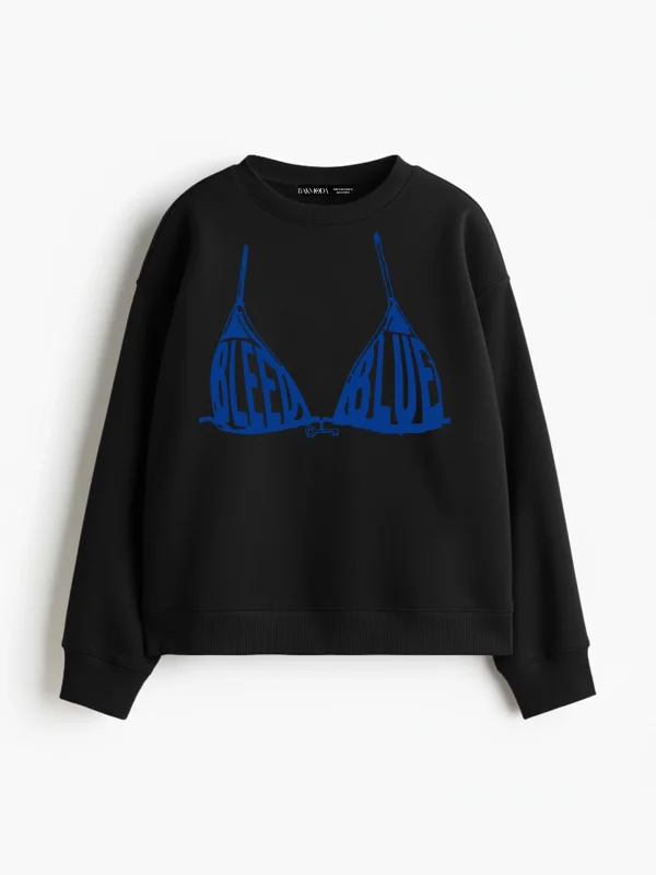 Bleed Blue Baskılı Kapüşonsuz Relaxed Fit Kadın Siyah Sweatshirt