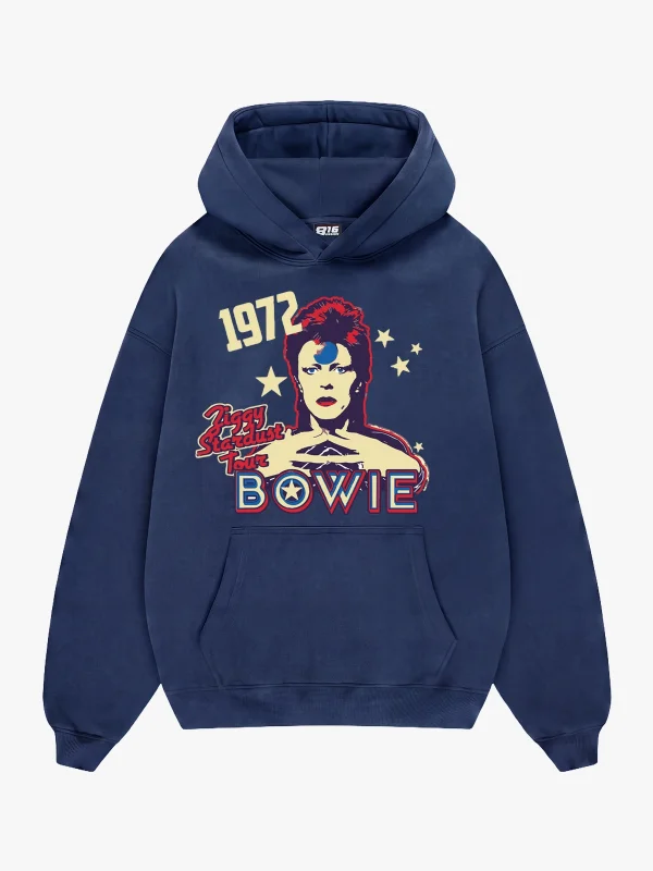 Bowie 1072 Baskılı Oversize Unisex İndigo Hoodie