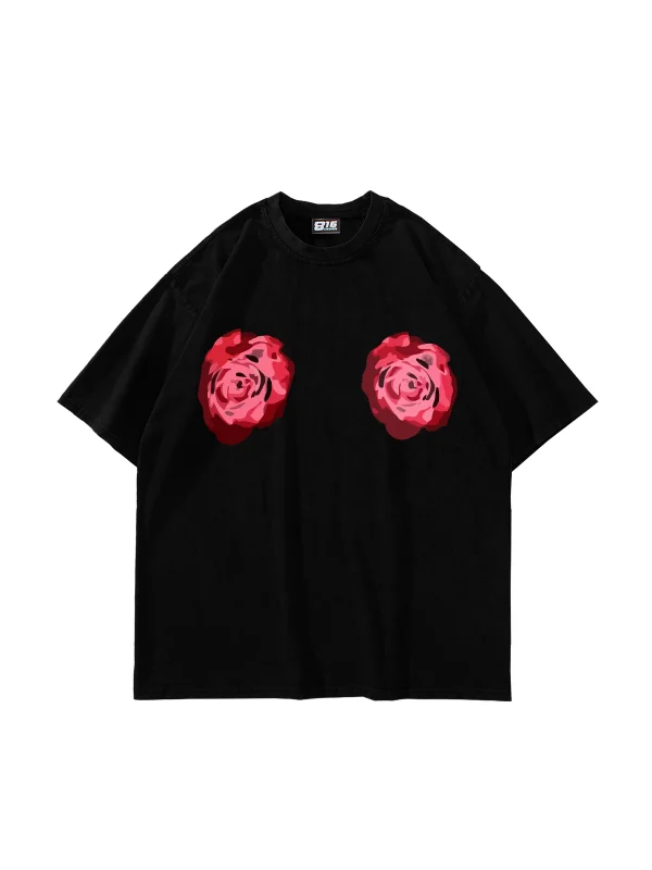 Blooming Chest Baskılı Oversize Unisex Siyah Tshirt