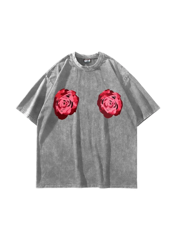 Blooming Chest Baskılı Oversize Unisex Yıkamalı Beyaz Tshirt