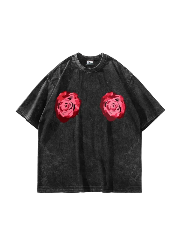 Blooming Chest Baskılı Oversize Unisex Yıkamalı Siyah Tshirt