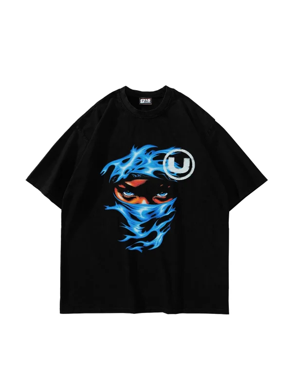 Blue Flame Baskılı Oversize Unisex Siyah Tshirt