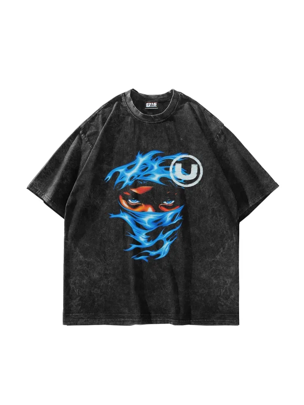 Blue Flame Baskılı Oversize Unisex Yıkamalı Siyah Tshirt