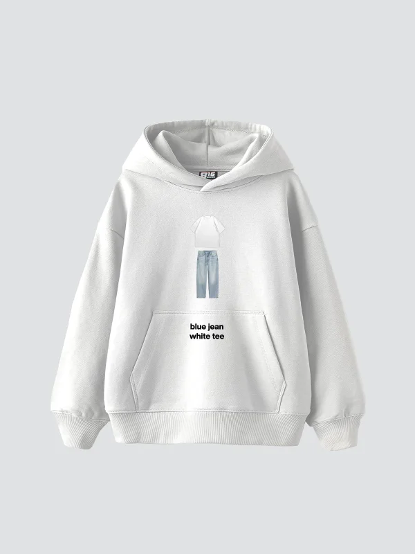 Blue Jean White Tee Baskılı Oversize Unisex Beyaz Hoodie