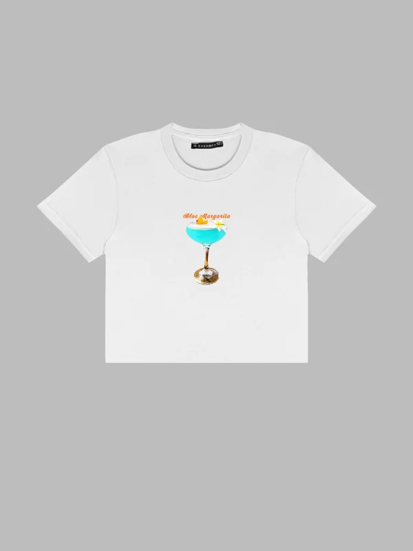 Blue Margharita Baskılı Beyaz Crop Top