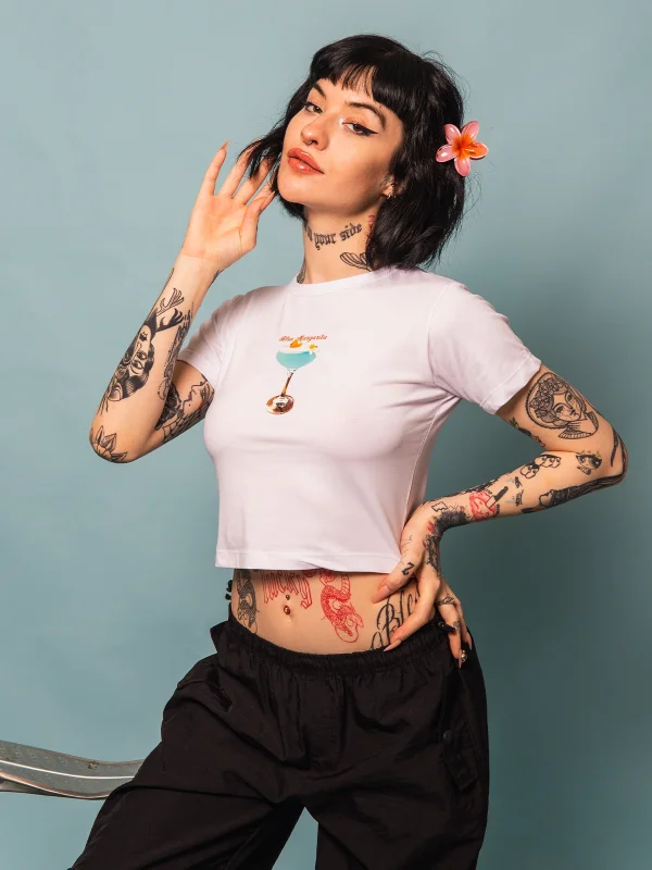 Blue Margharita Baskılı Beyaz Crop Top
