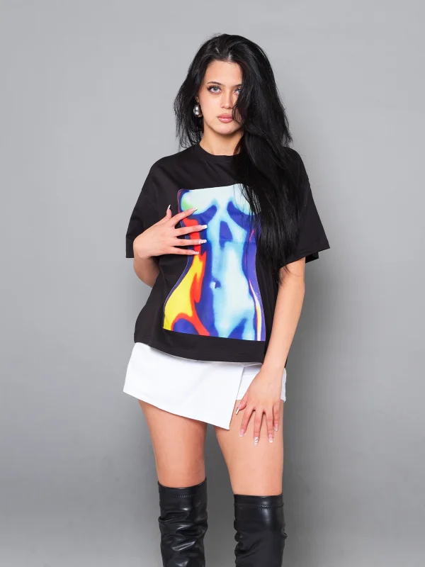 Blue Silhouette Baskılı Relaxed Fit Siyah Kadın Tshirt