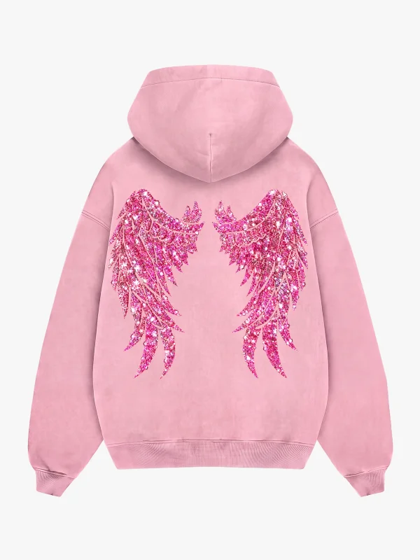 Bombshell Wings Baskılı Pembe Oversize Hoodie