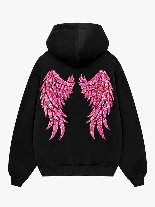 Bombshell Wings Baskılı Siyah Oversize Hoodie