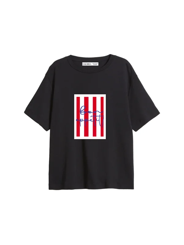 Bon Appetit Baskılı Relaxed Fit Siyah Kadın Tshirt