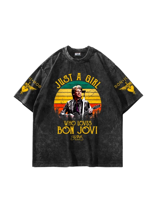 Bon Jovi Just A Girl Yıkamalı Siyah Oversize Tişört