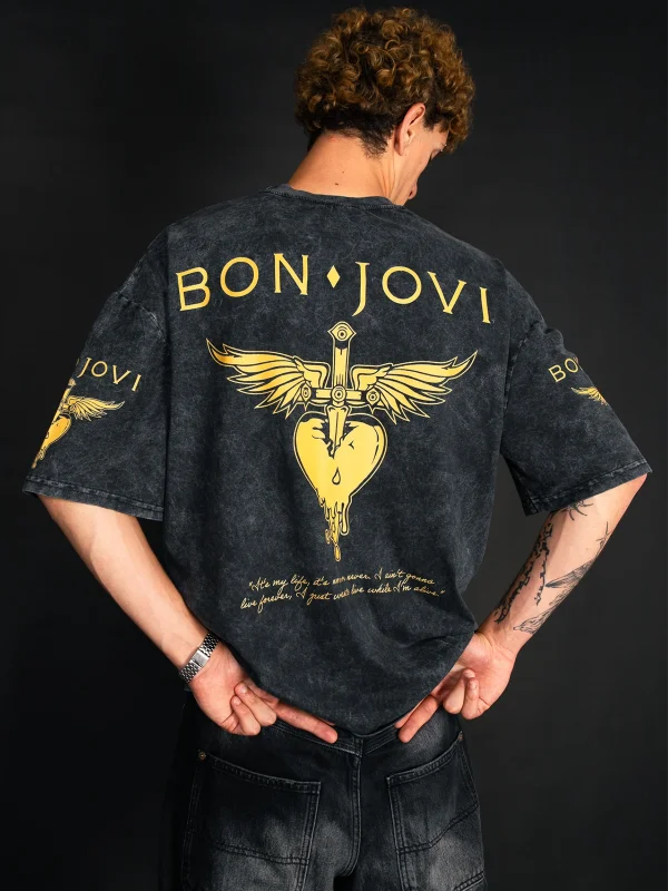 Bon Jovi Just A Girl Yıkamalı Siyah Oversize Tişört