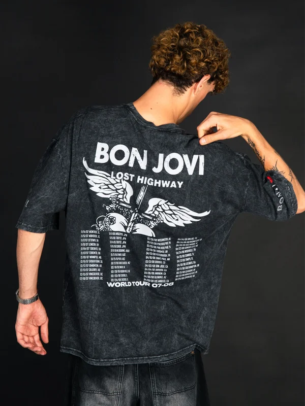 Bon Jovi Lost Highway Yıkamalı Siyah Oversize Tişört