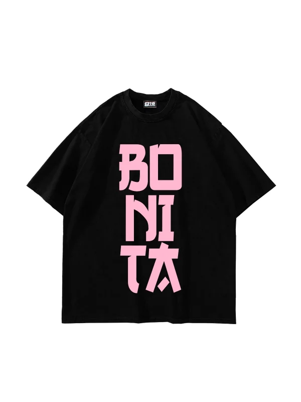 Bonita Pink Pembe Yazılı Siyah Oversize Tshirt