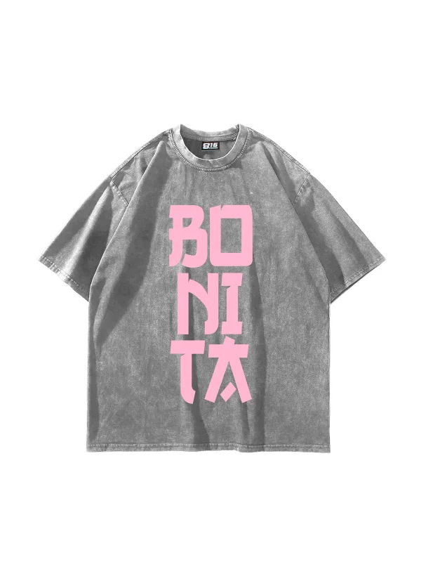 Bonita Pink Pembe Yazılı Yıkamalı Beyaz Oversize Tshirt