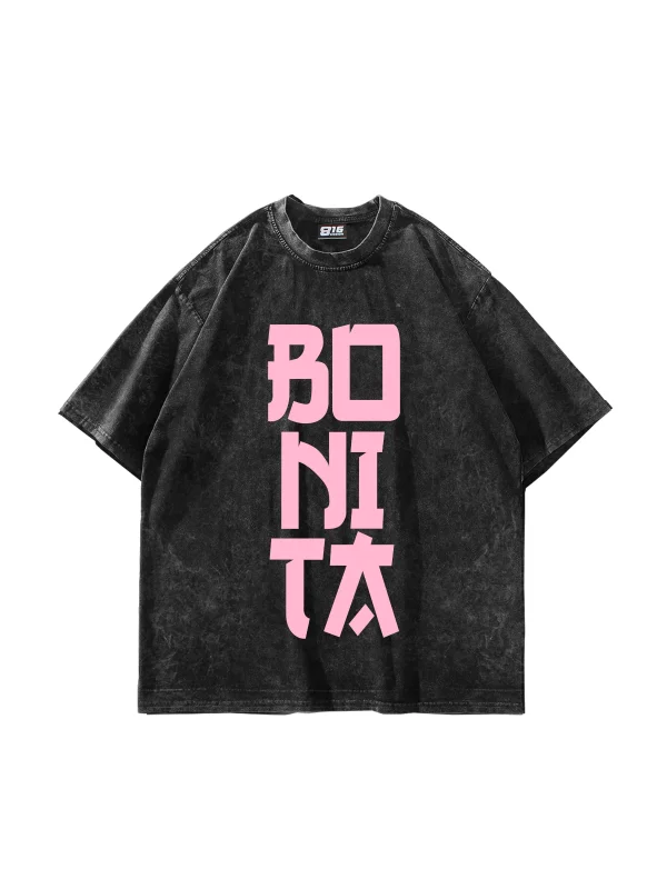 Bonita Pink Pembe Yazılı Yıkamalı Siyah Oversize Tshirt