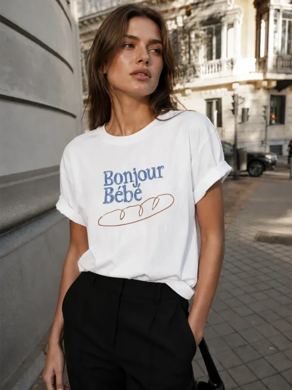 Bonjour Bébé Baskılı Relaxed Fit Beyaz Kadın Tshirt