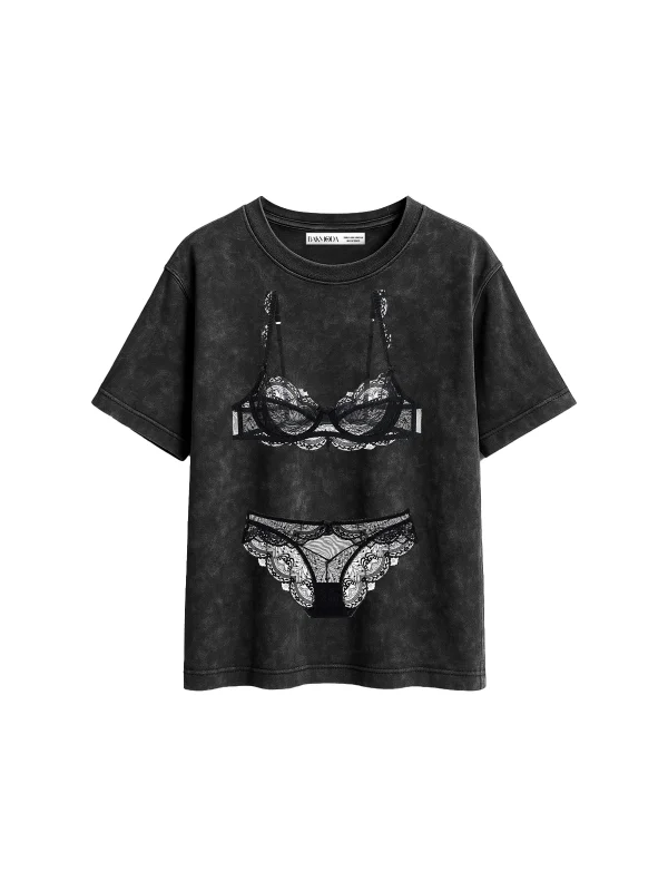 Bra Set Baskılı Relaxed Fit Yıkamalı Siyah Kadın Tshirt