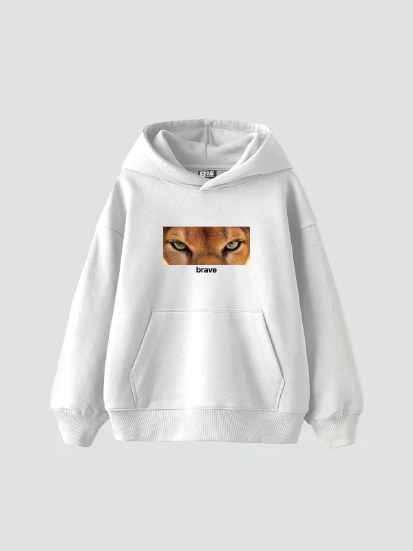 Brave Baskılı Oversize Unisex Premium Beyaz Hoodie