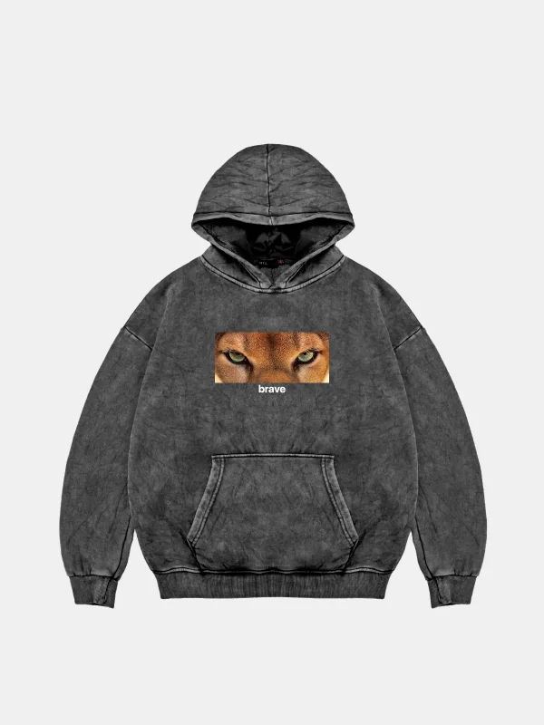 Brave Baskılı Oversize Unisex Premium Yıkamalı Siyah Hoodie