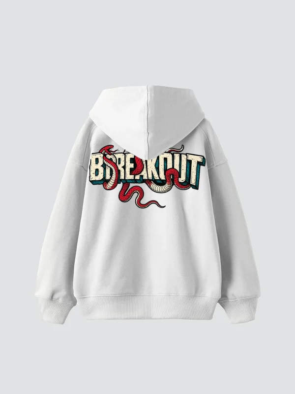Breakout Baskılı Oversize Unisex Beyaz Hoodie
