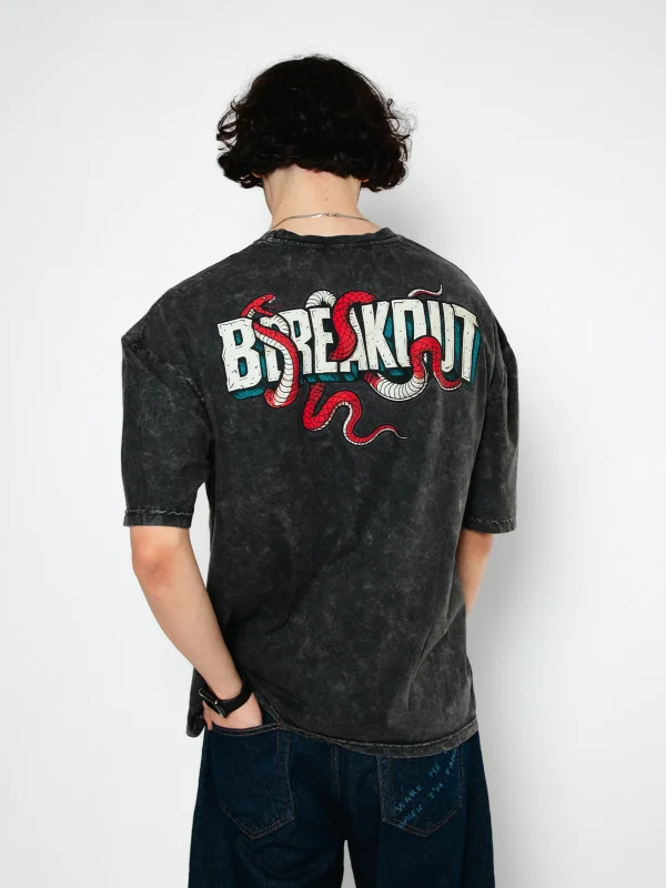 Breakout Baskılı Oversize Unisex Yıkamalı Siyah Tshirt