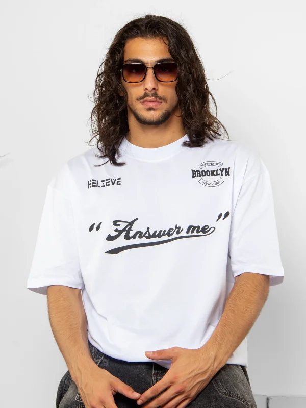 Brooklyn Baskılı Oversize Unisex Beyaz Tshirt