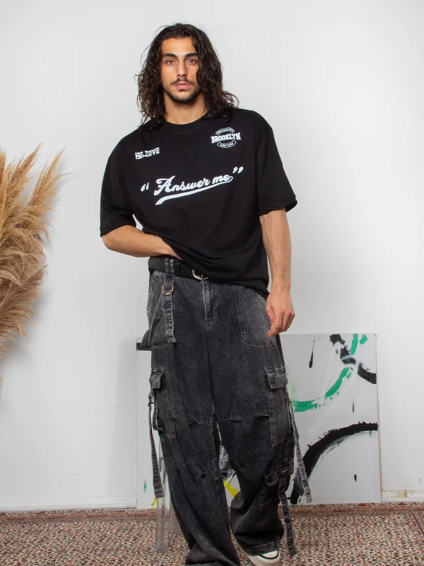 Brooklyn Baskılı Oversize Unisex Siyah Tshirt