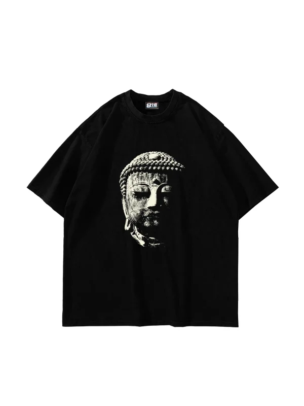 Buddha Baskılı Oversize Unisex Siyah Tshirt
